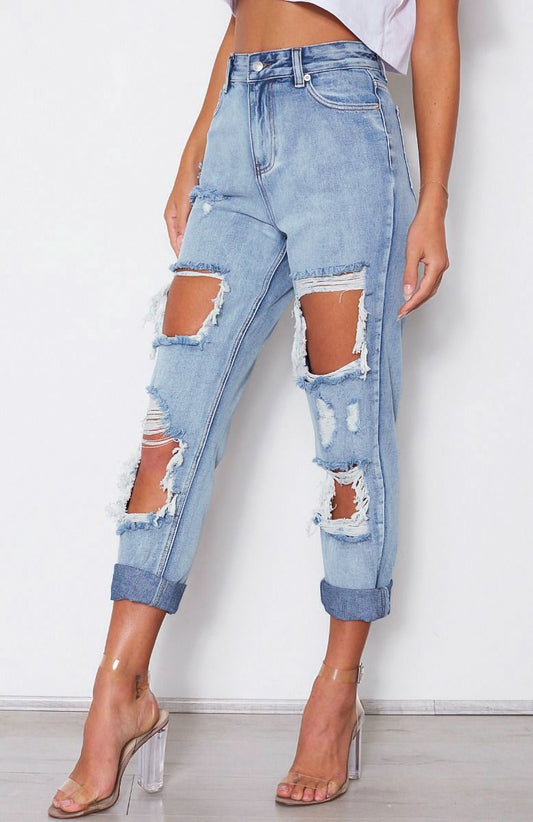 High Waist Loose Washed Ripped Jeans