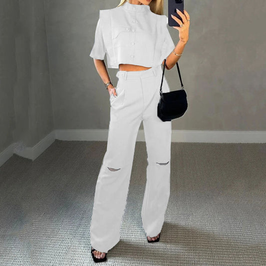Casual Short Sleeve Top & Wide Legged Trousers Set