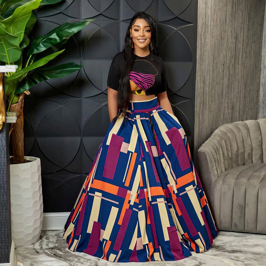 Printed Crop Top with Swing Skirt Two-Piece Set